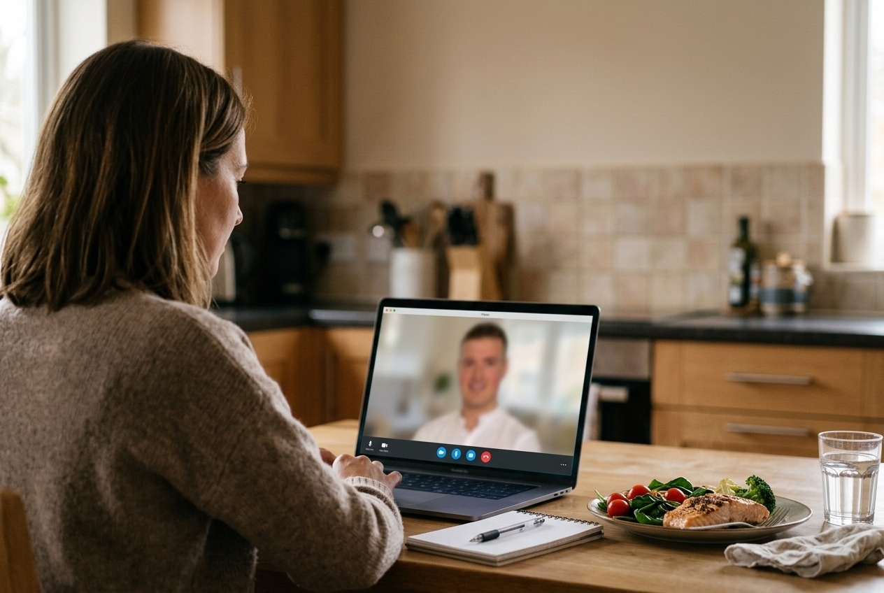 Klientin bespricht ihre Ernährung in einer Online-Videoberatung am Laptop, mit einer gesunden Mahlzeit auf dem Küchentisch