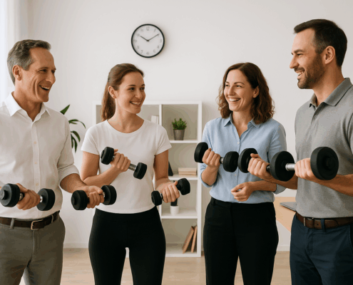 Betriebliches Gesundheitsmanagement - Gruppenfitness mit Hanteln im Büro