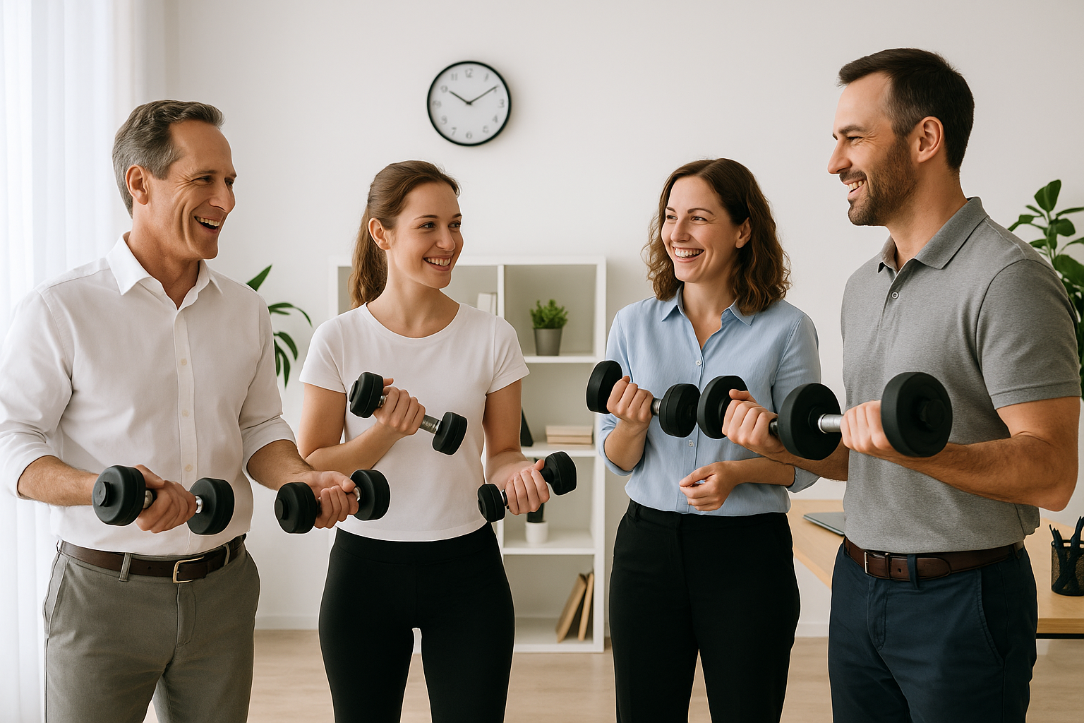 Betriebliches Gesundheitsmanagement - Gruppenfitness mit Hanteln im Büro