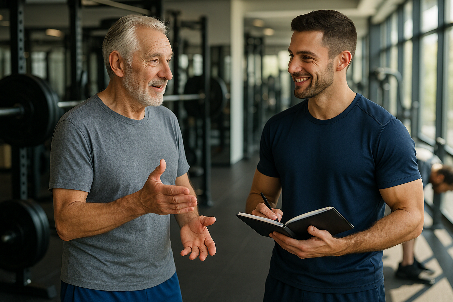 Personal Training - Älterer Mann spricht mit Trainer.